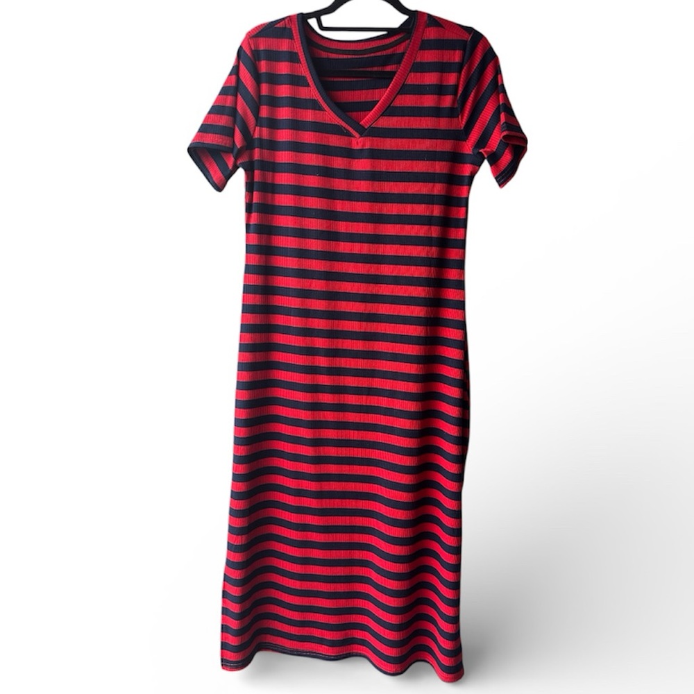 Women’s Ribbed Blue & Red Striped V-Neck Dress